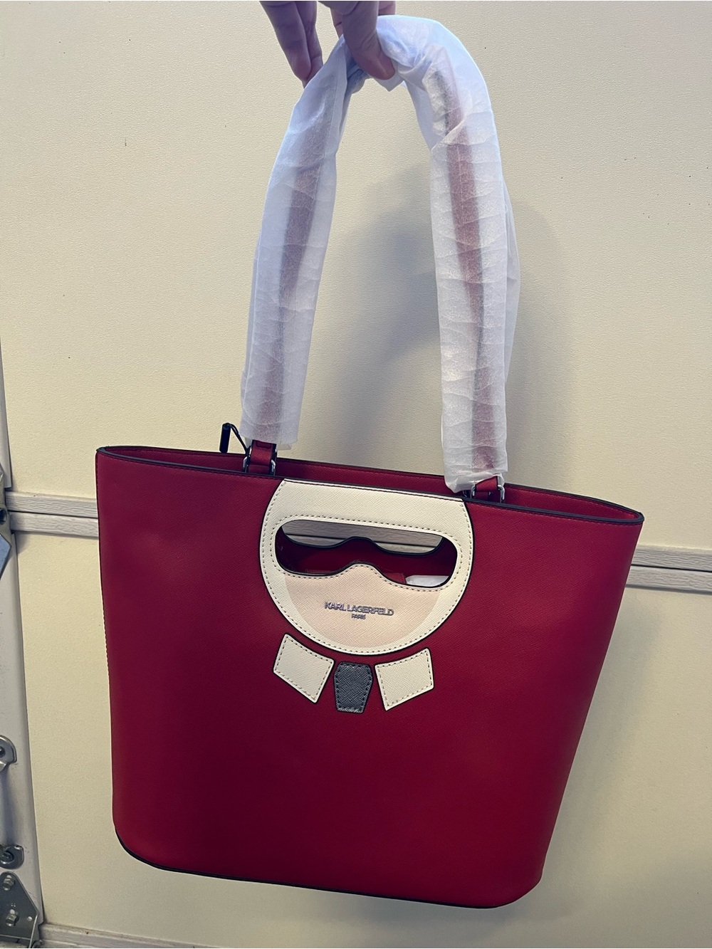 Karl Lagerfeld Red and White Tote with Iconic Face Cutout